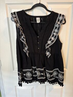 Anthropologie Black Sleeveless Embroidered Tunic with Pom Trim